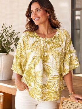 Nanette Lepore Palm Print Blouse XL Tropical Boho Flutter Sleeve Top